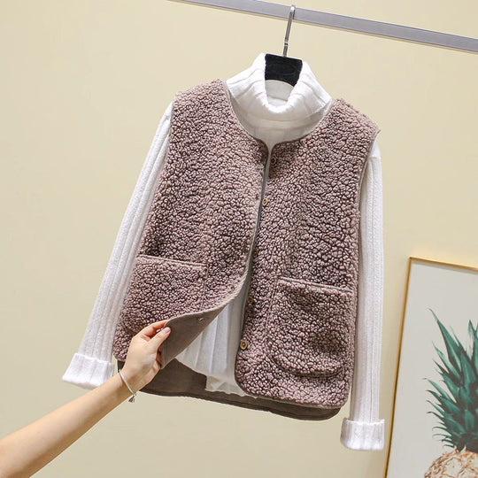 Damen Teddy-Fleece Weste mit Knopfleiste und Aufgesetzten Taschen EB