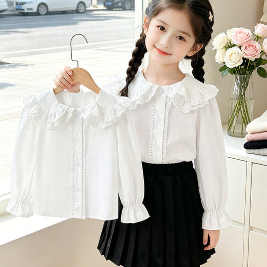 Mädchen Bluse mit voluminösem Spitzenkragen und Rüschendetails EB