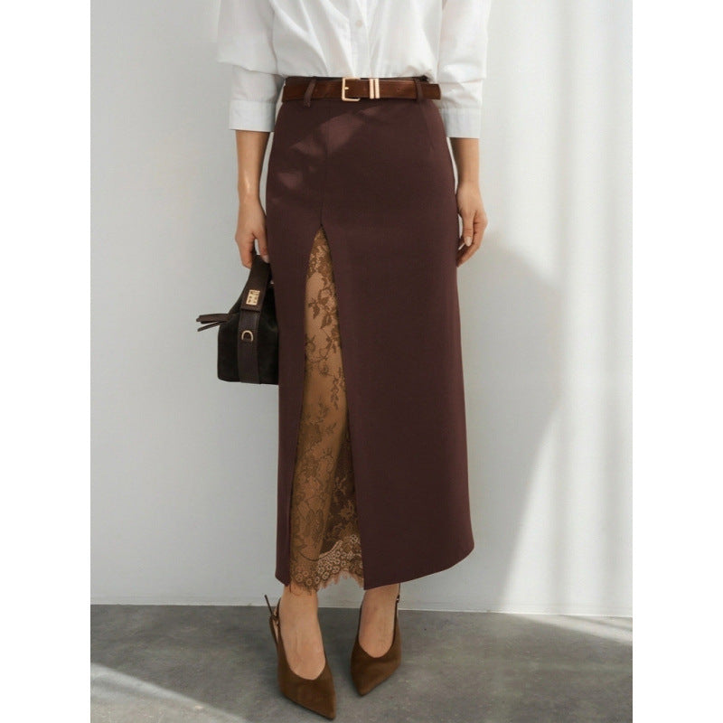 Damen Eleganter Maxirock mit transparentem Spitzeneinsatz und seitlichem Schlitz EB