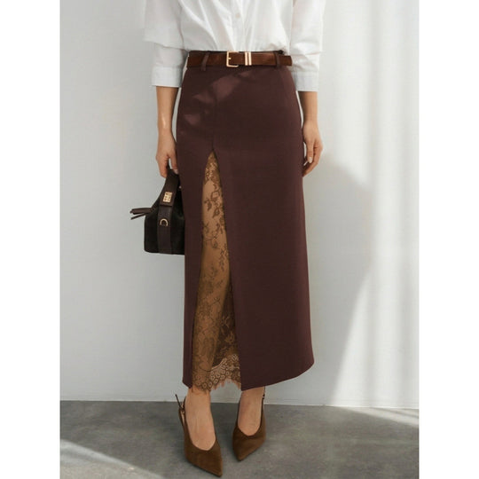 Damen Eleganter Maxirock mit transparentem Spitzeneinsatz und seitlichem Schlitz EB