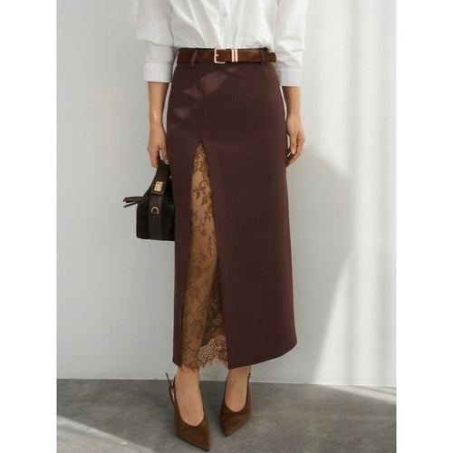 Damen Eleganter Maxirock mit transparentem Spitzeneinsatz und seitlichem Schlitz EB