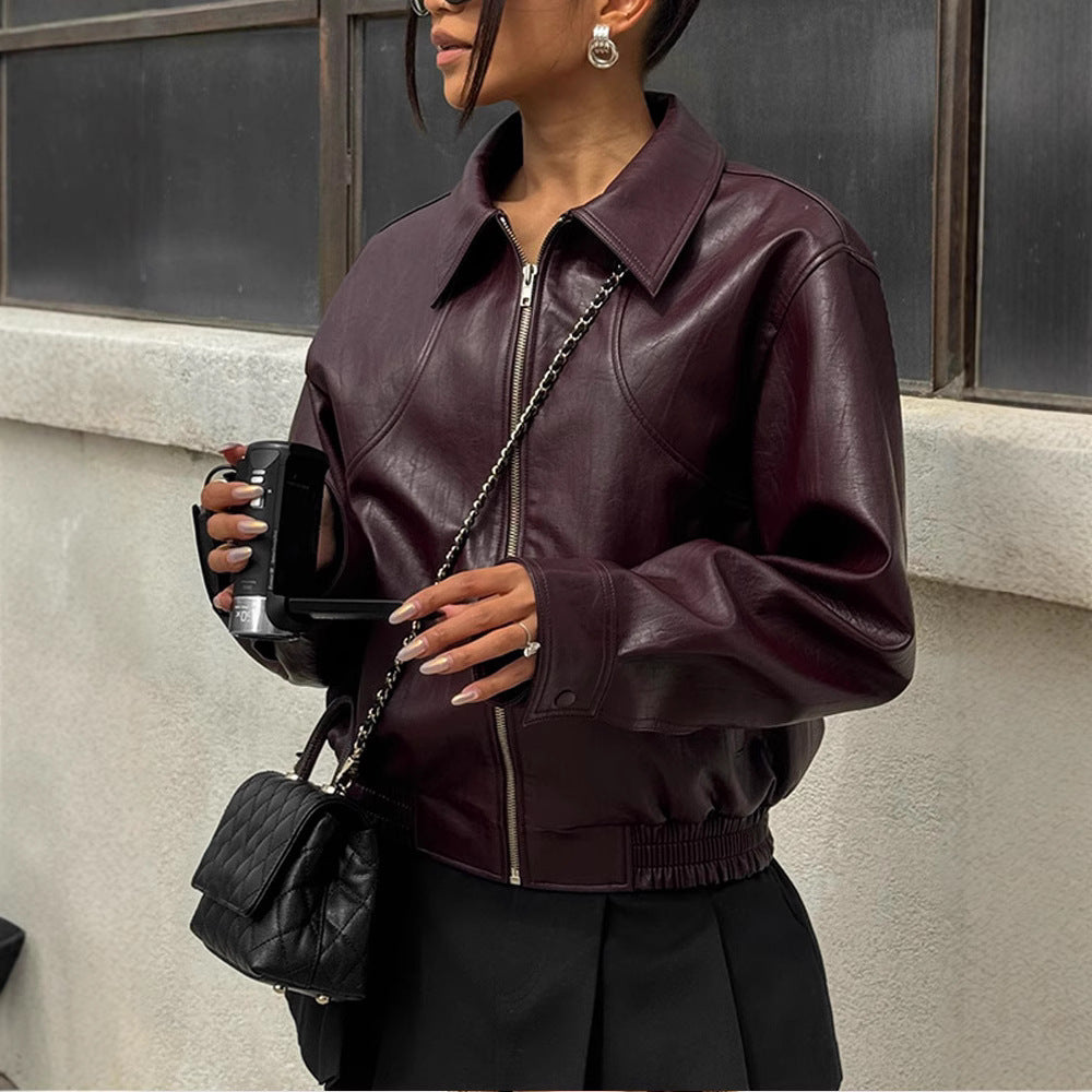Damen Kunstlederjacke mit modischem Oversize-Schnitt und elastischem Bund EB