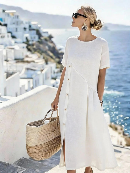 Damen Luftiges Sommerkleid mit seitlicher Knopfleiste, kurzen Ärmeln und Schlitz EB