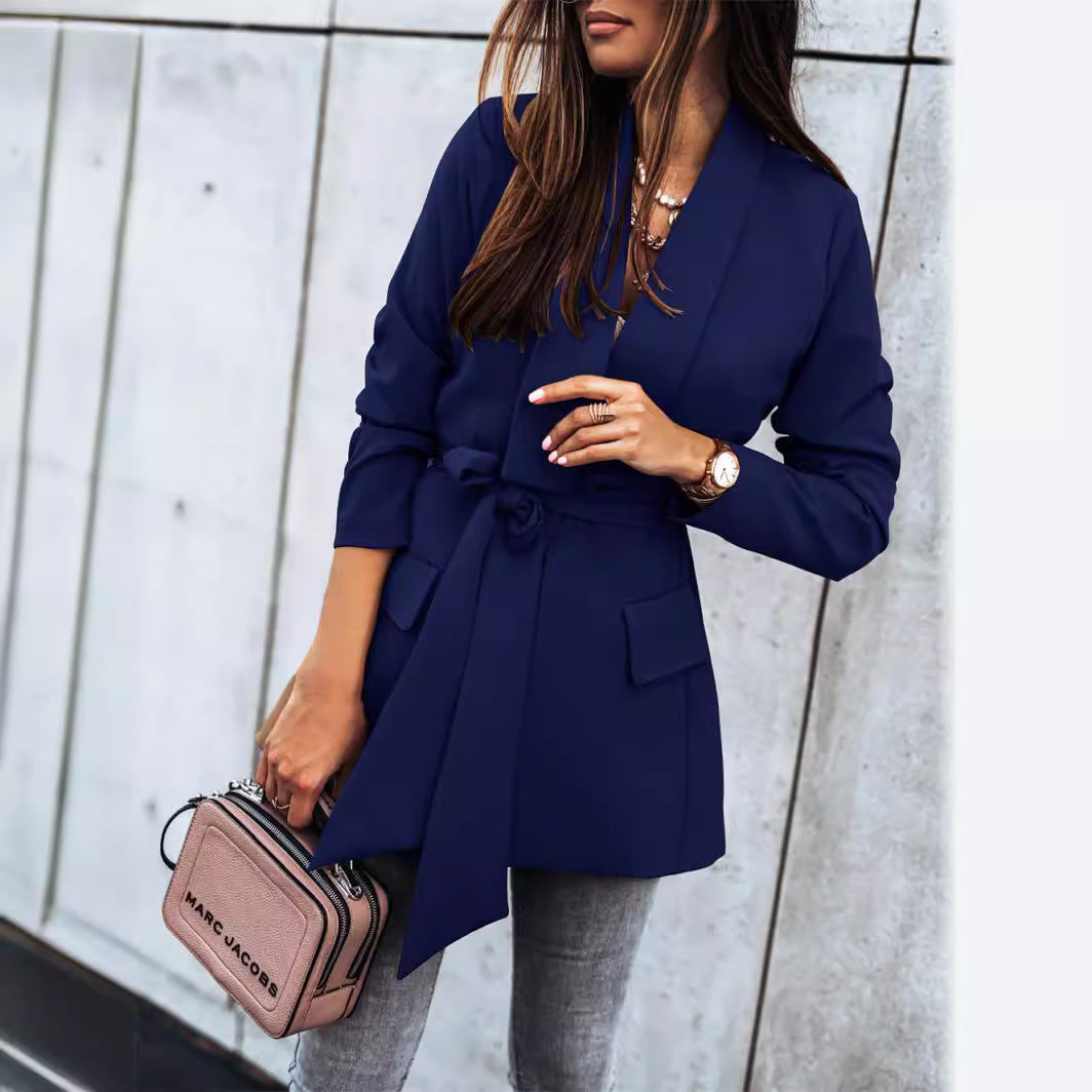 Damen Modische Blazerjacke mit praktischem Gürtel und tiefen Taschen EB