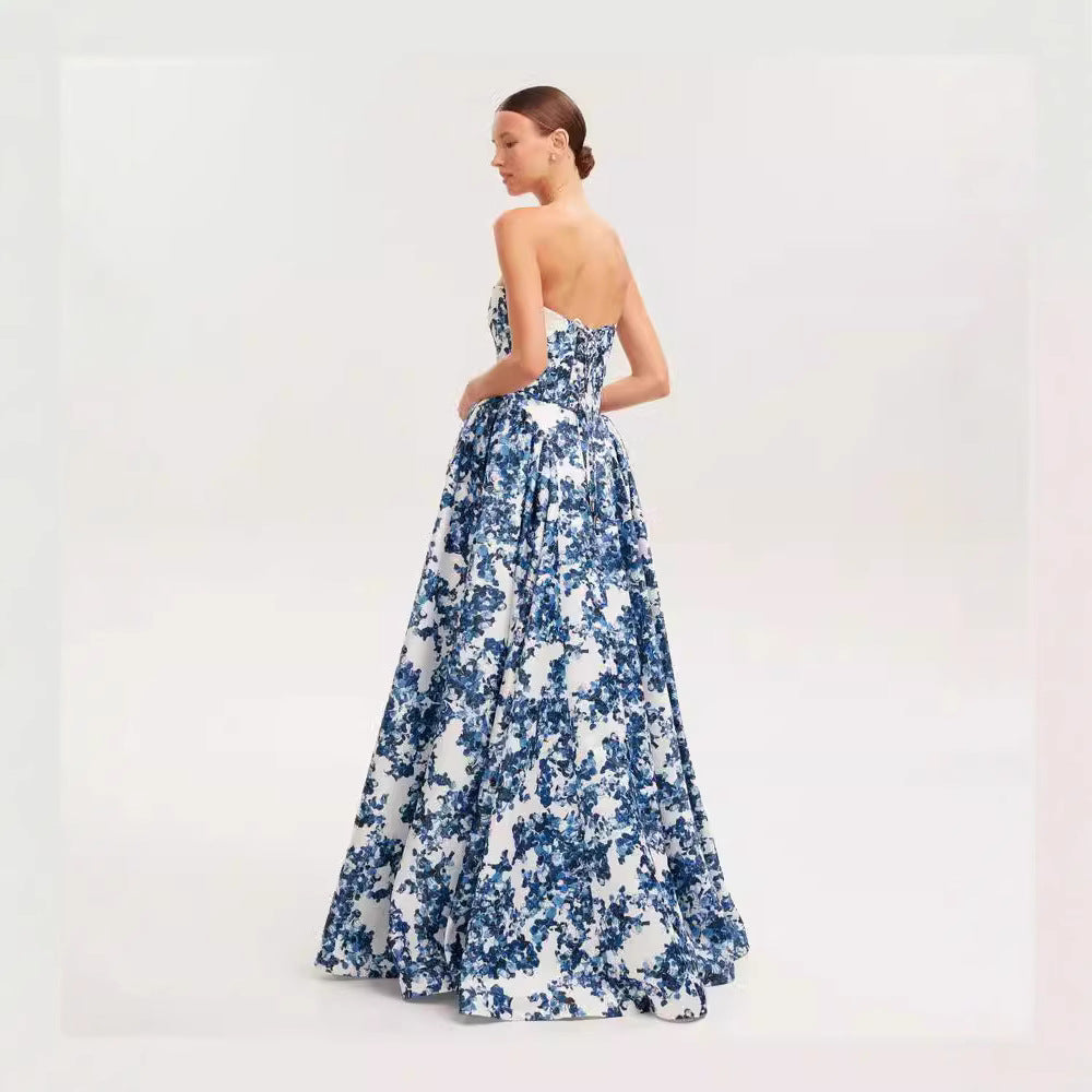 Damen Elegantes Blütenmuster-Maxikleid mit schulterfreiem Design EB