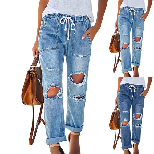 Damen nan lässige Destroyed-Denim-Jogger mit elastischem Kordelbund und aufgesetzten Fronttaschen EB