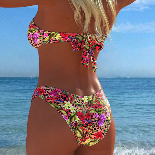 Damen Bandeau-Bikini mit floralem Muster und hohem Beinausschnitt EB