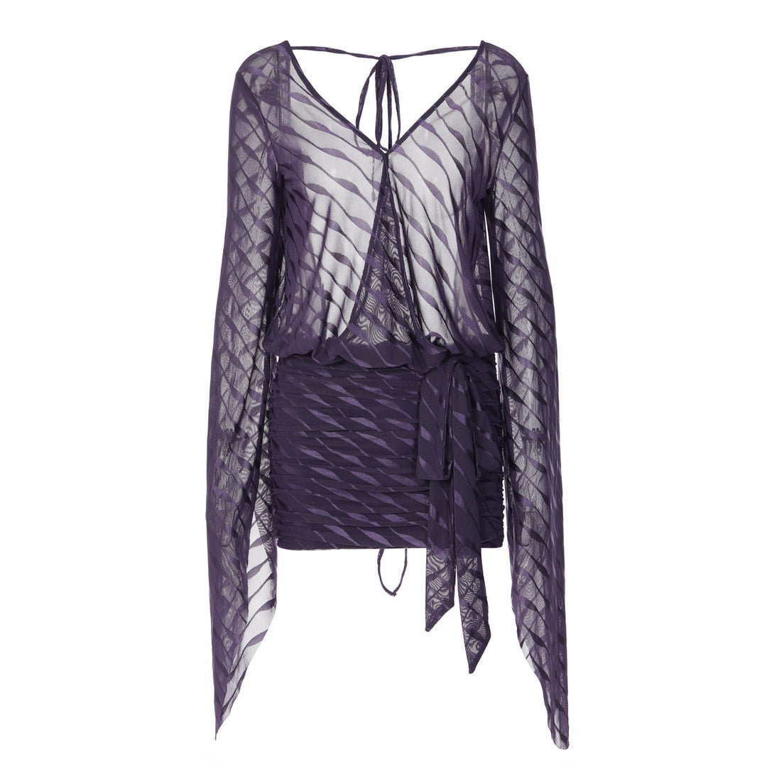 Damen Exklusives Minikleid mit tiefem V-Ausschnitt und fließenden Ärmeln EB