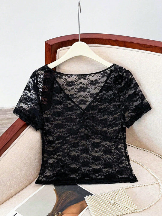 Damen Spitze Oberteil mit V-Ausschnitt und gerafftem Design EB