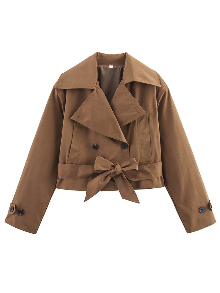 Damen Cropped Trenchcoat mit breitem Revers und Taillengürtel EB