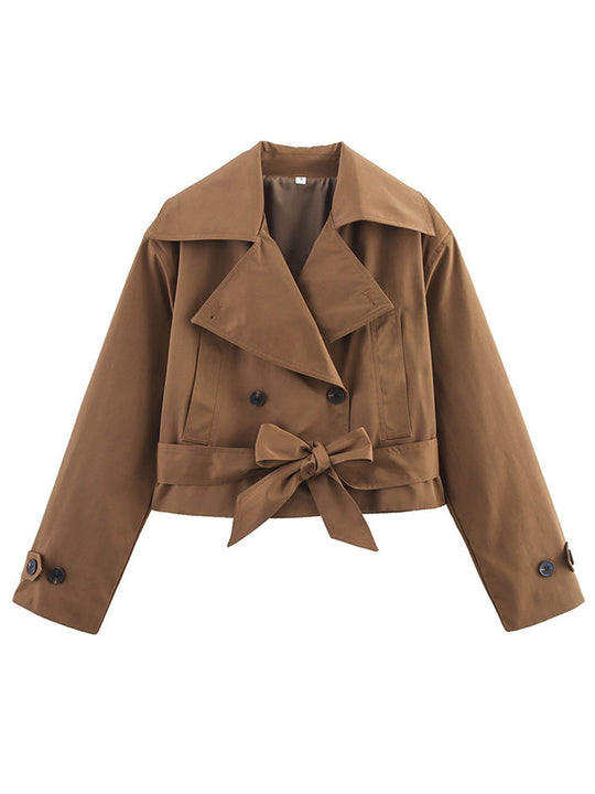 Damen Cropped Trenchcoat mit breitem Revers und Taillengürtel EB