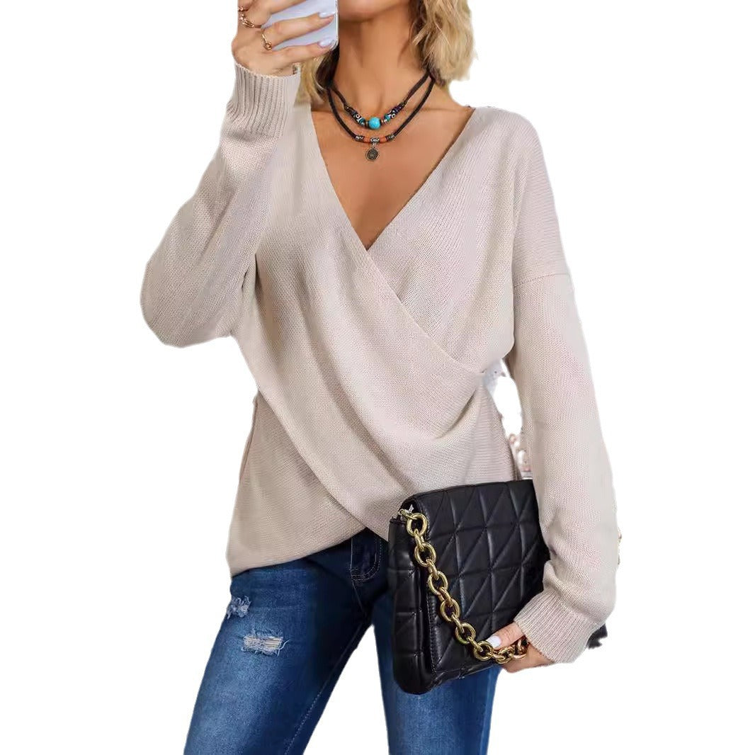 Damen Wickelpullover mit tiefem V-Ausschnitt und lässigem Schnitt EB