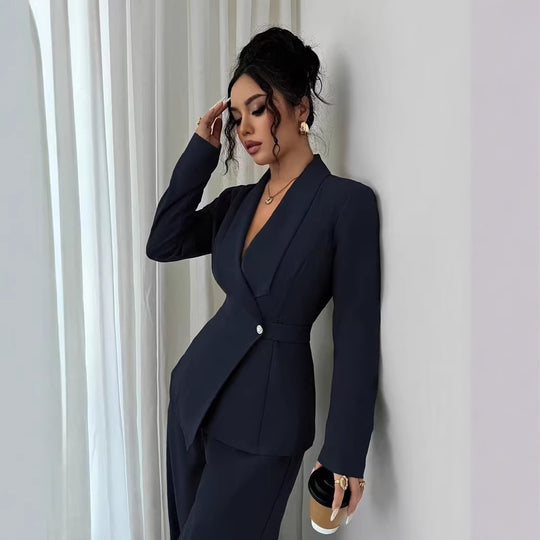 Damen nan taillierter Businessblazer mit Schalkragen, Gürtelbund und Ein-Knopf-Verschluss EB
