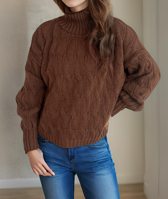 Damen Strickpullover mit hohem Kragen und strukturierter Zopfoptik EB