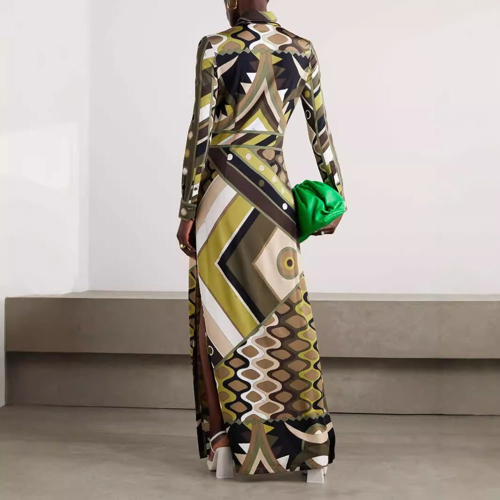Damen Maxikleid mit geometrischem Muster und Knopfdetails EB