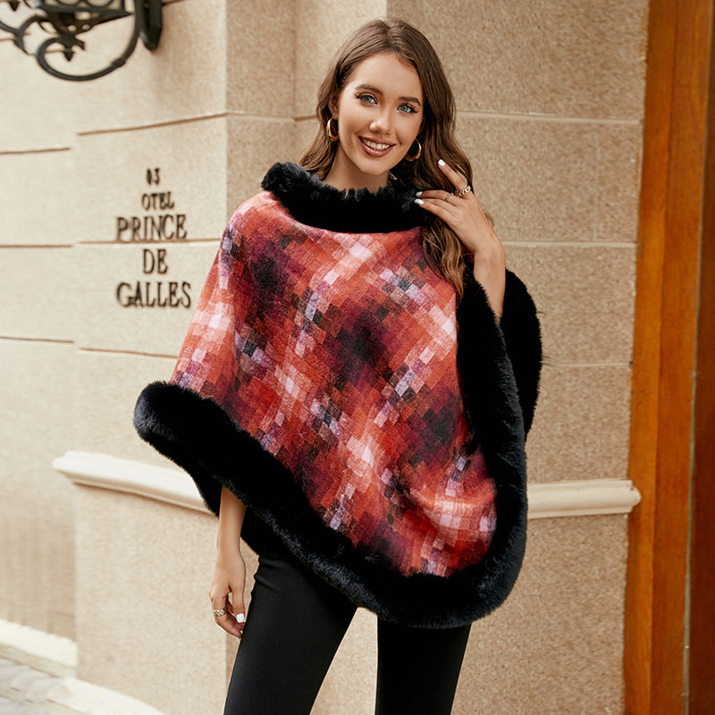 Damen modischer Poncho mit luxuriösem Kunstpelzkragen EB