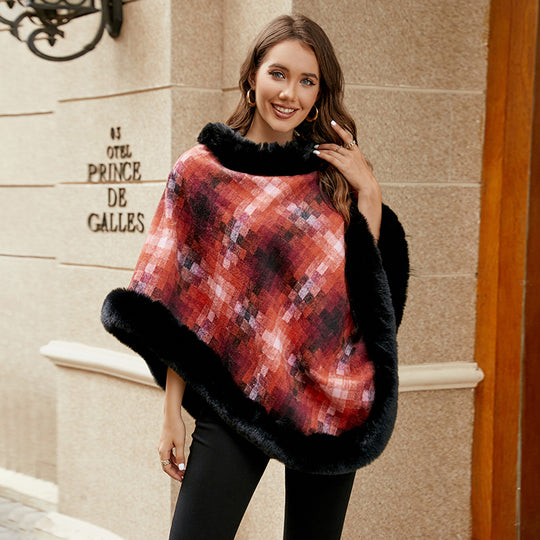 Damen modischer Poncho mit luxuriösem Kunstpelzkragen EB