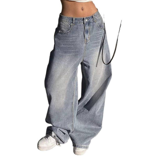 Damen weite High-Waist Jeans mit dekorativen Taschen EB