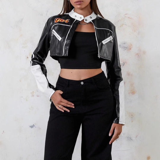 Damen modische cropped Kunstlederjacke EB