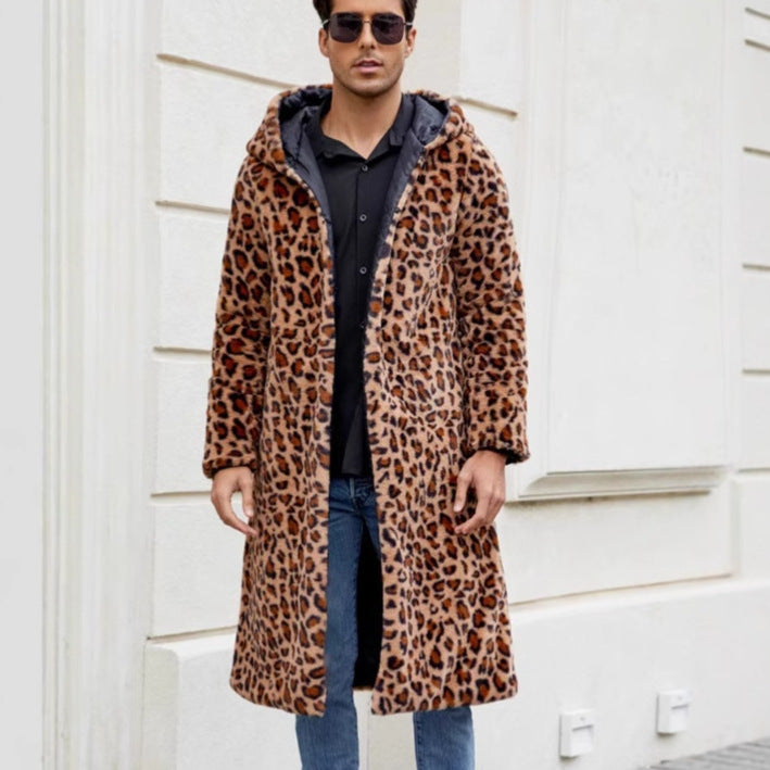 Herren Eleganter Kunstfellmantel mit Leopardenmuster EB