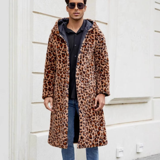 Herren Eleganter Kunstfellmantel mit Leopardenmuster EB