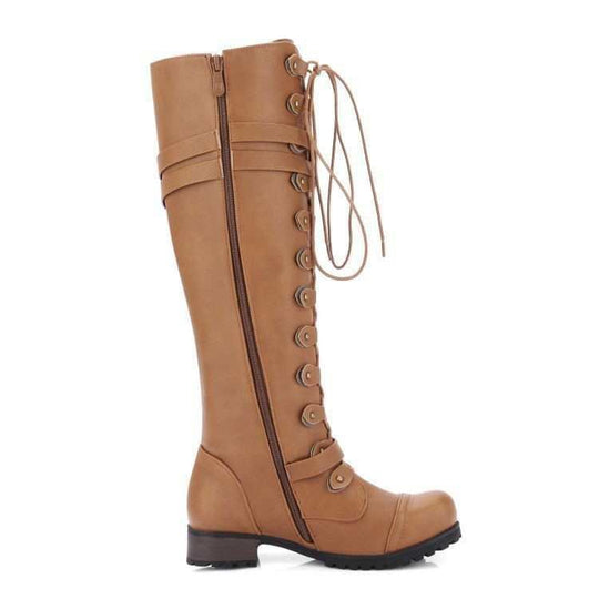 Damen nan kniehohe Schnürstiefel im Militär-Vintage Stil mit dekorativen Riemen und verstellbaren Schnallen EB