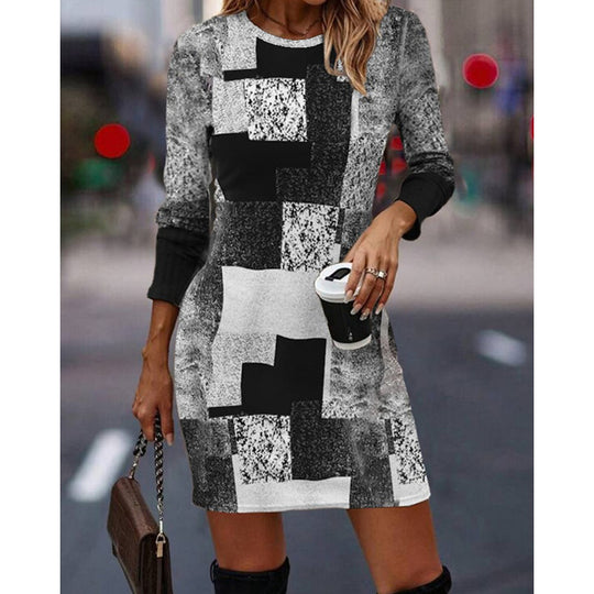 Damen Strickkleid mit modernem geometrischen Muster und langen Ärmeln EB
