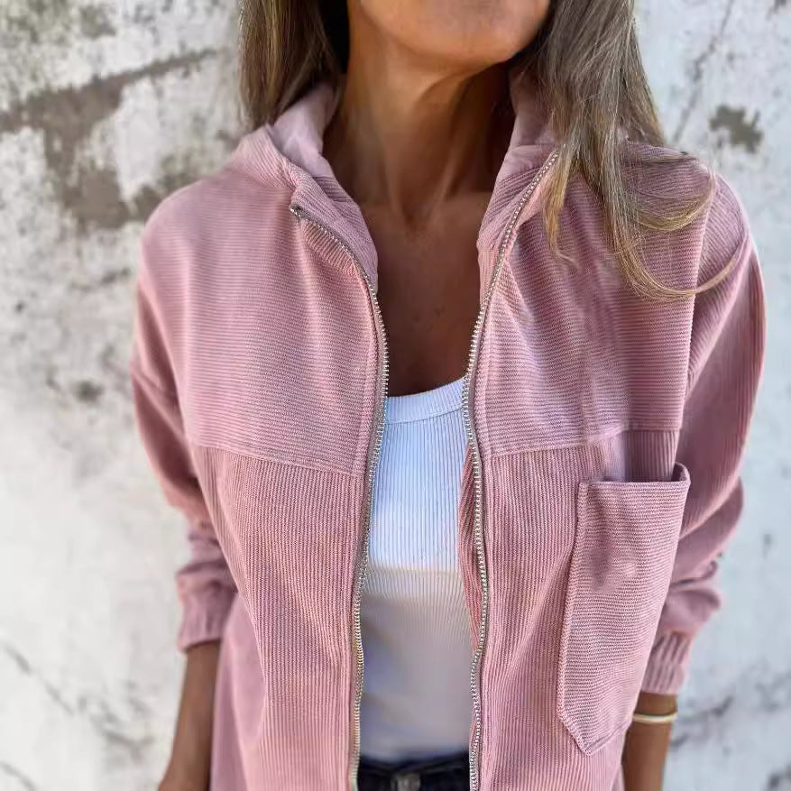 Damen nan Feincord-Übergangsjacke mit Kapuze, Reißverschluss, elastischen Bündchen und seitlichen Eingrifftaschen EB