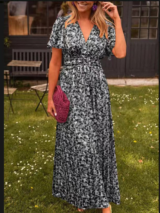 Damen Maxikleid mit floraler Raffung und V-Ausschnitt EB