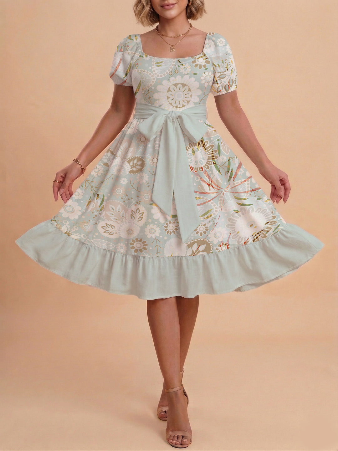 Damen modernes Blumenkleid mit elegantem Taillengürtel und asymmetrischem Saum EB