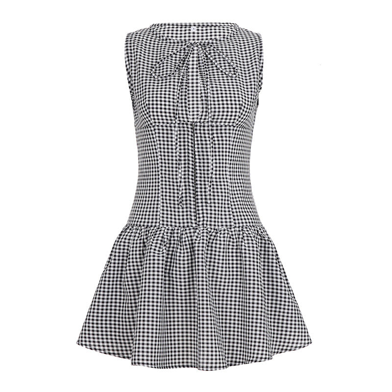 Damen sommerliches Vichy-Kleid mit verspieltem Volant und Bindeband EB