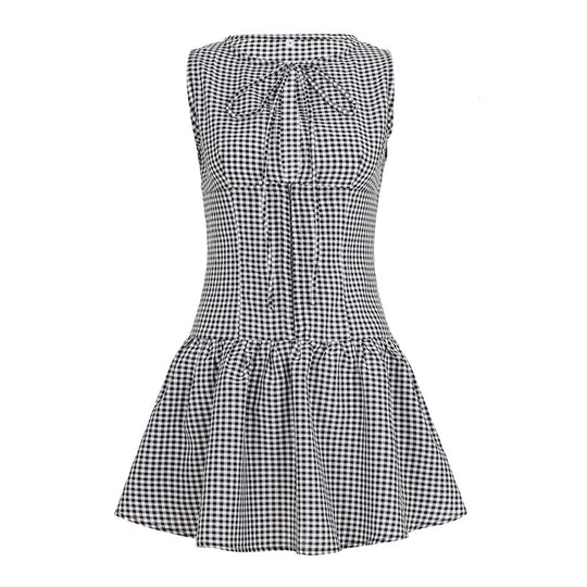 Damen sommerliches Vichy-Kleid mit verspieltem Volant und Bindeband EB