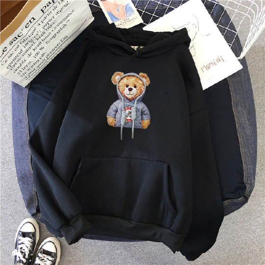 Unisex nan lässiger Oversize Kapuzenpullover mit Teddy-Frontprint, Kängurutasche und weichem Fleece-Innenfutter EB