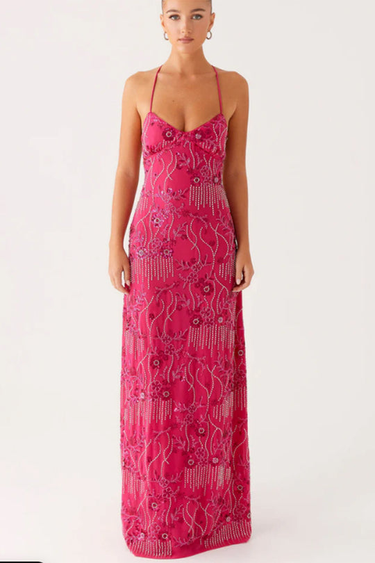 Damen Elegantes Maxikleid mit floralem Perlenstick und feinen Spaghetti-Trägern EB