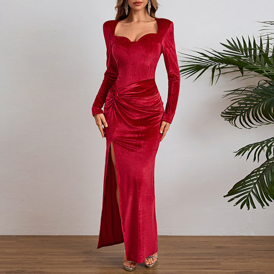 Damen elegantes langärmeliges Abendkleid mit hohem Schlitz und Rüschendetails EB