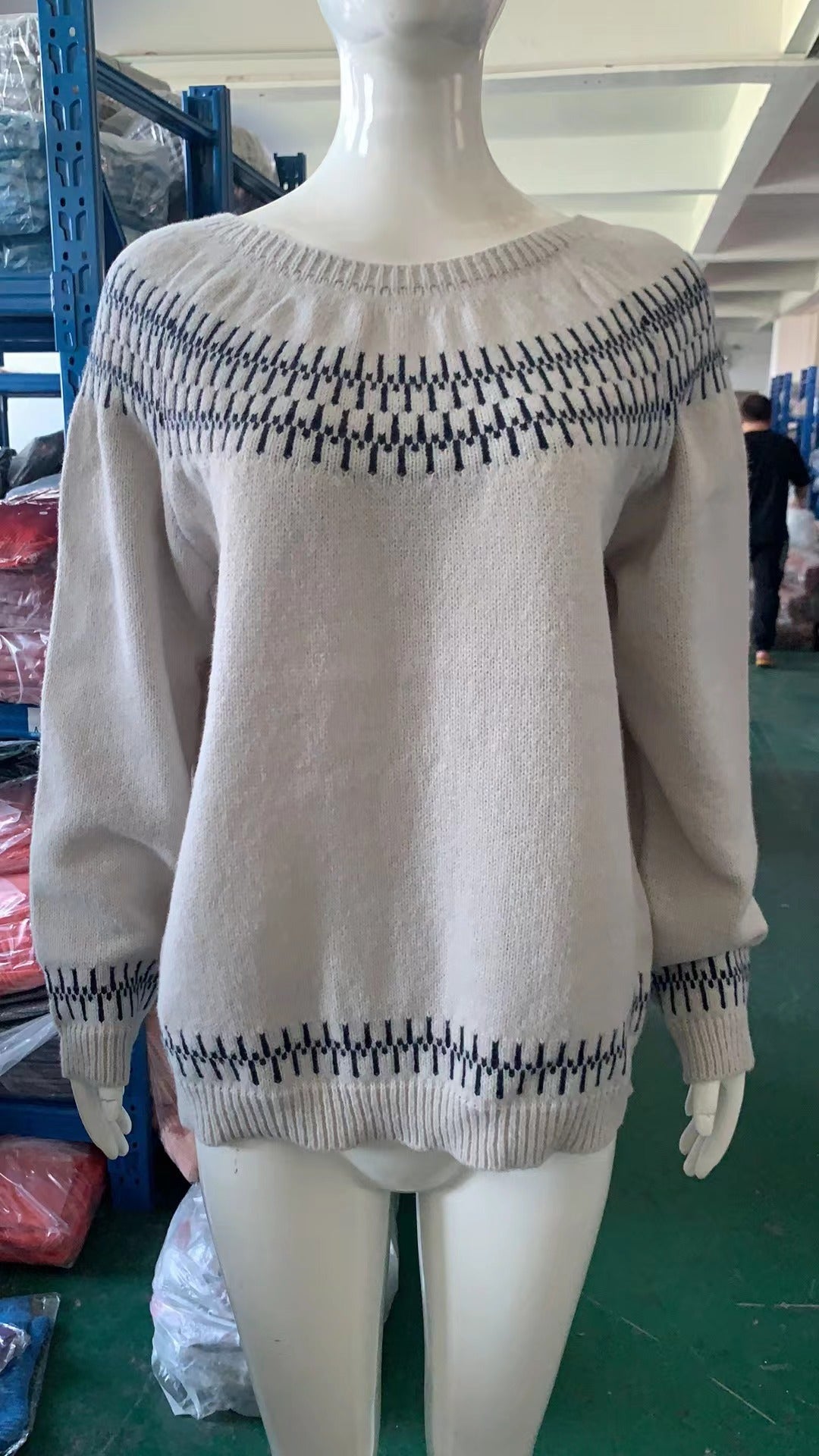 Damen nan gemusterter Norwegerstrickpullover mit weitem Rundhalsausschnitt und lässigem Oversize-Schnitt EB