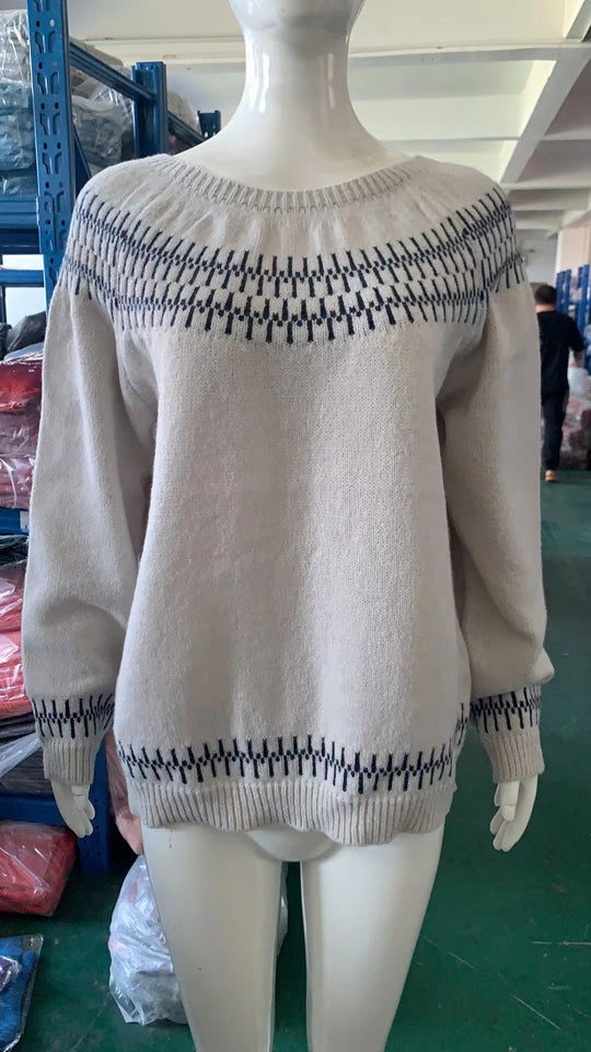 Damen nan gemusterter Norwegerstrickpullover mit weitem Rundhalsausschnitt und lässigem Oversize-Schnitt EB