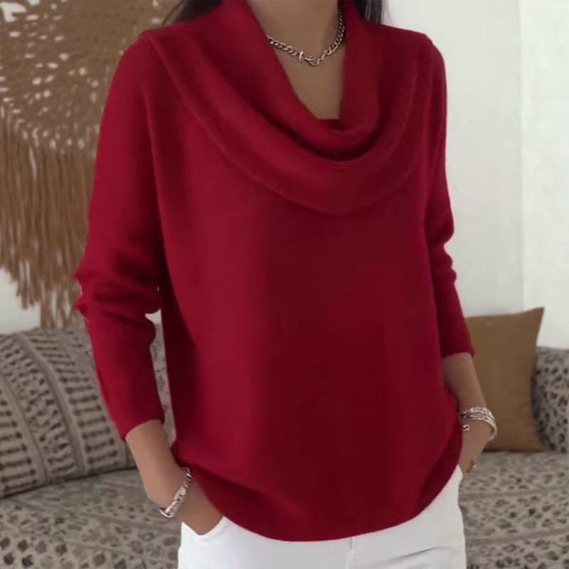 Damen nan fein gestrickter Pullover mit Wasserfallkragen und geripptem Saum EB