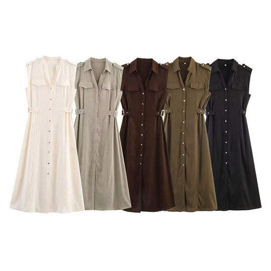 Damen Hemdblusenkleid mit praktischen Taschen und modischem Taillengürtel EB