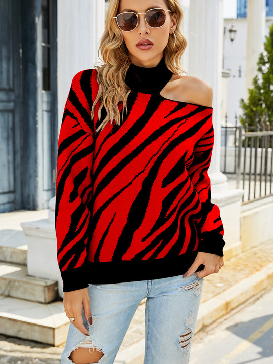 Damen Oversized Pullover mit asymmetrischem Schnitt und auffälligem Tiermuster EB