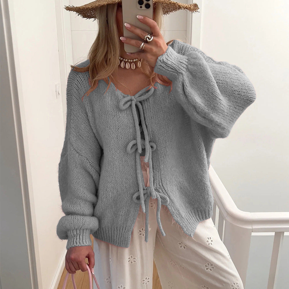 Damen Grobgestrickter Offener Cardigan mit Bindebändern, Oversize‑Silhouette und Raglanärmeln EB