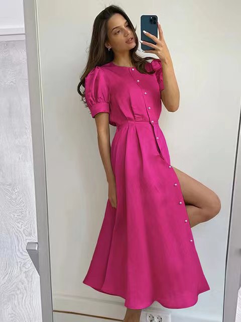 Damen Midi-Kleid mit Puffärmeln und schimmerndem Satin-Finish EB