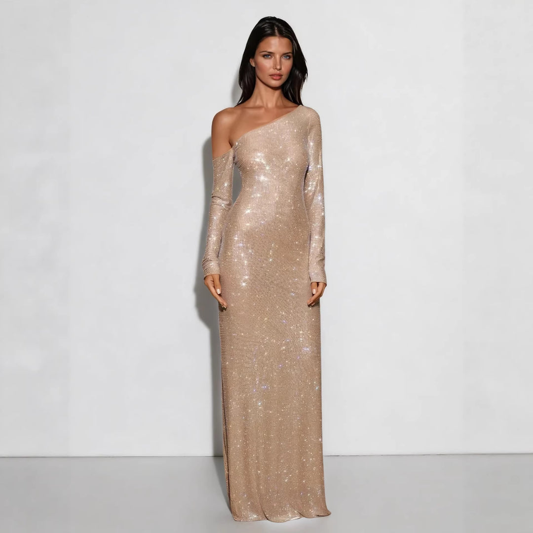 Damen Figurbetontes Abendkleid mit schimmerndem Paillettenbesatz und asymmetrischem Ausschnitt EB