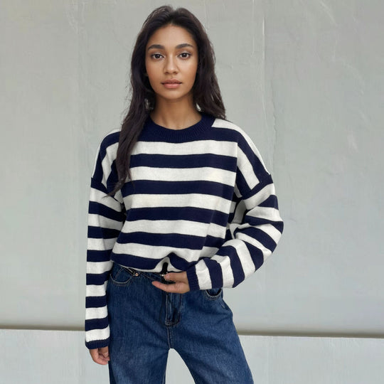 Damen lässiger Streifenpullover mit weitem Schnitt und Kordelzug EB