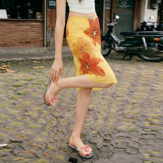 Damen Midi-Rock mit floralem Chiffon und elastischem Bund EB