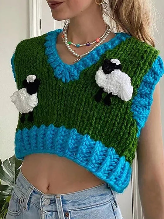 Damen gehäkeltes Crop-Top mit kreativen Schafmotiven EB