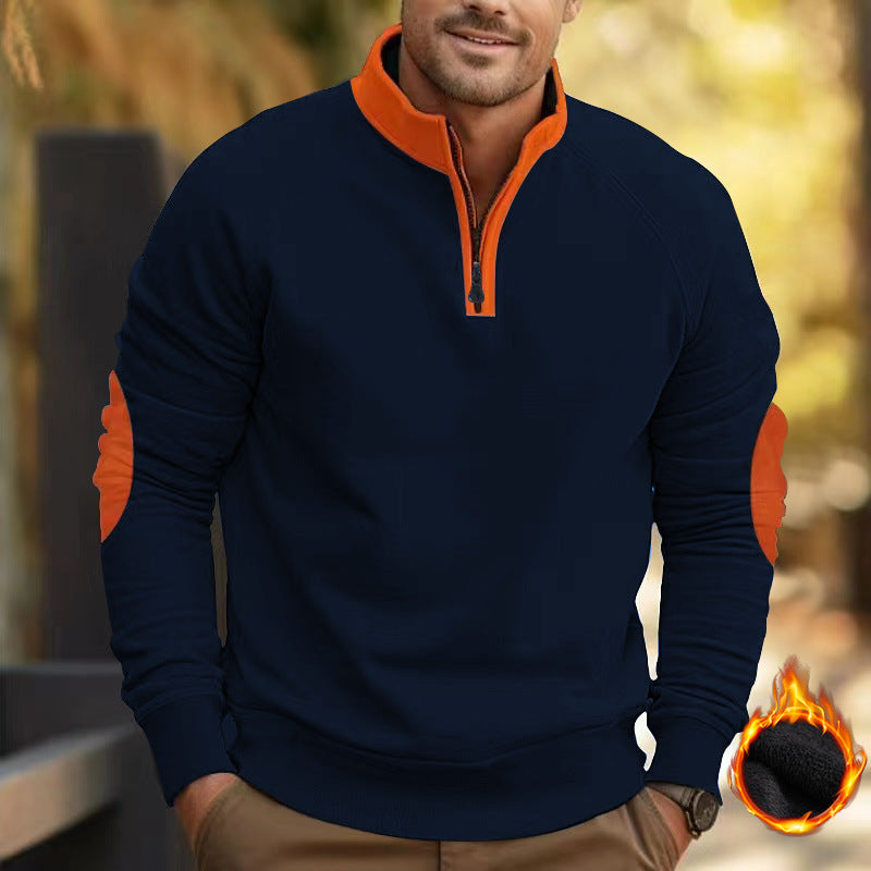 Herren nan Zip-Pullover mit Stehkragen, halbem Reißverschluss und verstärkten Ellbogenpatches EB