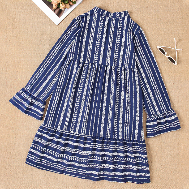 Damen Langarm-Streifen-Kleid mit Rüschendetails EB