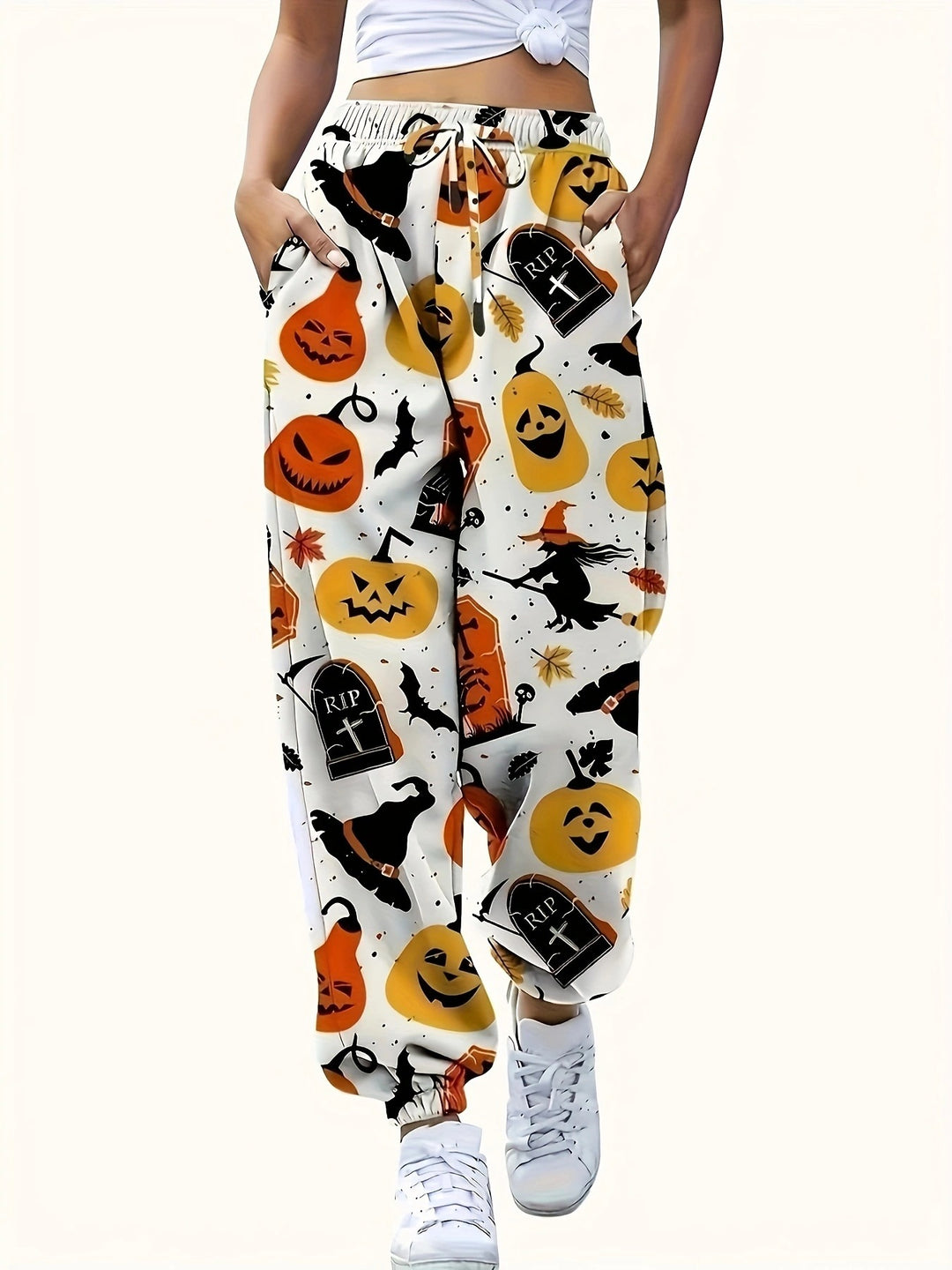Damen Freizeithosen mit Halloween-Motiv und elastischem Bund EB