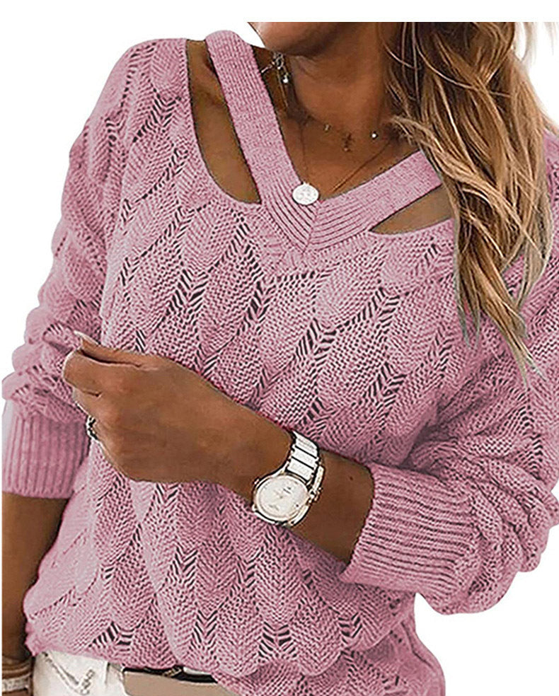 Damen lässiger Strickpullover mit V-Ausschnitt und einzigartigem Cut-out-Design EB